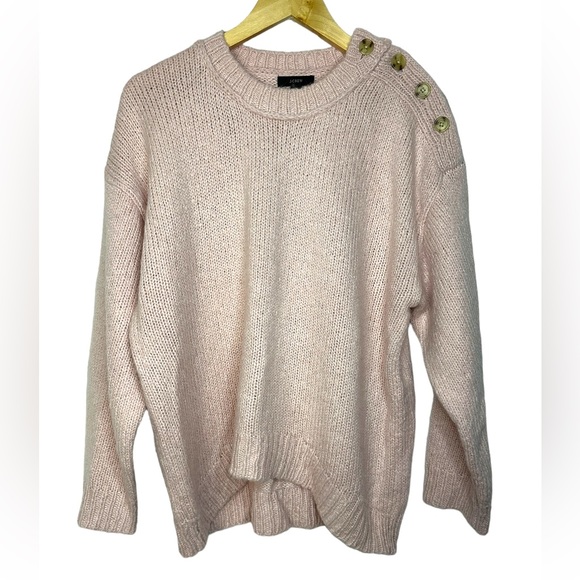 J Crew ALPACA WOOL Tortoise Shell Shoulder Buttons Crewneck Sweater Blush Pink M - Picture 2 of 11